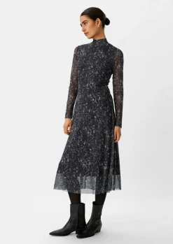 Gemustertes Mesh-Kleid mit Stehkragen-Comma Fashion