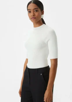 Gerippter Kurzarmpullover mit Stehkragen-Comma Online
