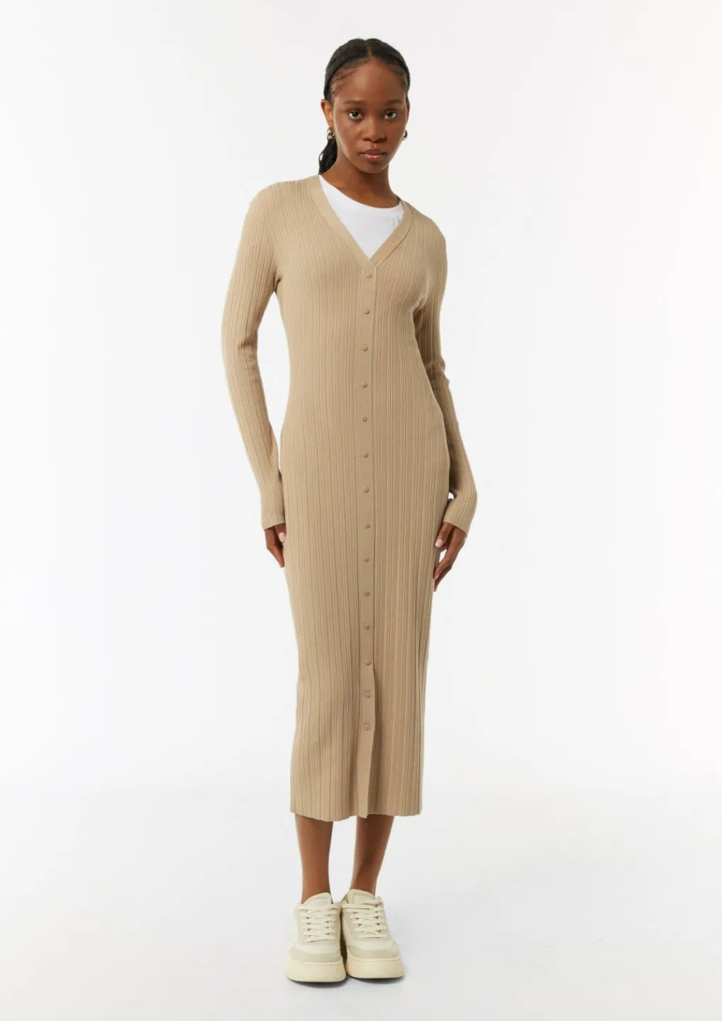 Geripptes Midikleid mit dekorativer Knopfleiste-Comma Outlet