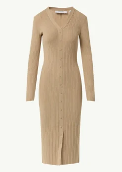 Geripptes Midikleid mit dekorativer Knopfleiste-Comma Outlet