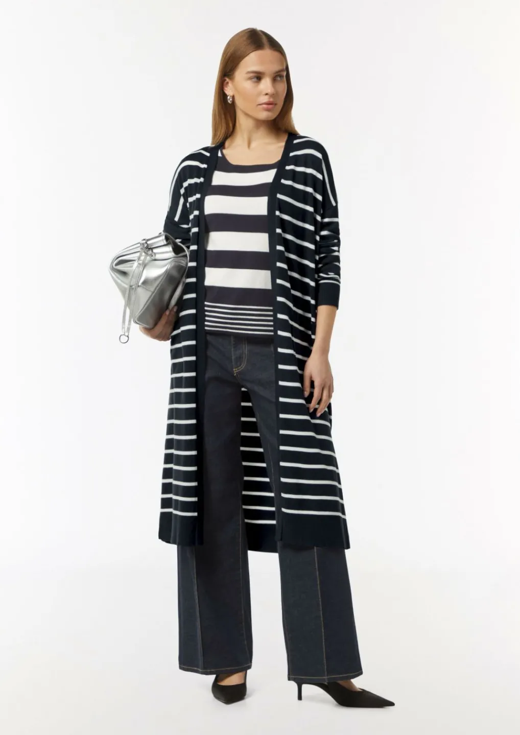 Lange, gestreifte Strickjacke mit überschnittenen Schultern-Comma Discount