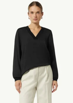 Satin-Bluse mit Rippbündchen-Comma New