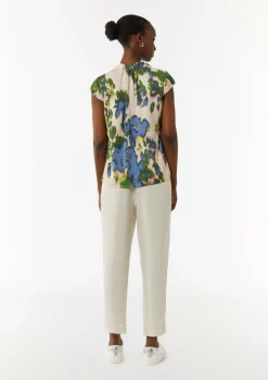 Satinierte Bluse mit All-over-Print und Raffung-Comma New
