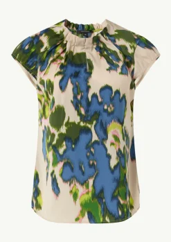 Satinierte Bluse mit All-over-Print und Raffung-Comma New