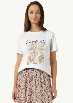 T-Shirt mit Artwork und Stickerei am Ausschnitt-Comma Fashion